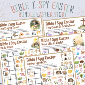 Peut inclure: Un ensemble de feuilles d'activités Bible I Spy Easter. Chaque feuille présente une grille avec des illustrations sur le thème de Pâques et des invites pour trouver des mots et des icônes spécifiques. Les feuilles incluent des titres tels que "Le tombeau vide" et "Symboles de Pâques."