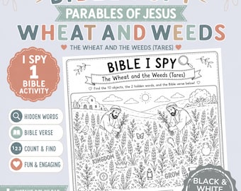 Página para colorear bíblica de "Veo, veo" sobre el trigo y la cizaña | Parábolas de Jesús para imprimir | Actividad para la escuela dominical | Mateo 13 | PDF cristiano
