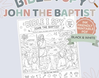 Bible I Spy John the Baptist Black and White Printable Kids Activity Baptism Lesson Sunday School Homeschool Ink Saving