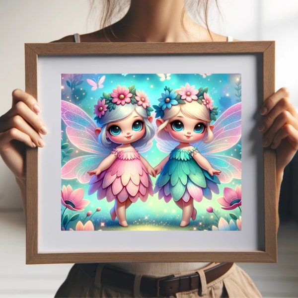 Wall Decor, Nursery Children's Art, Digital Print, Whimsical Fantasy Fairies, Spring's Illustration, Instant Download, Perfect Gift for Her