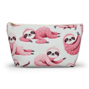 Pink Sloth Makeup Bag – Cute Cosmetic Pouch – Pencil Case or Travel Toiletry Gift – Accessory T-bottom Pouch