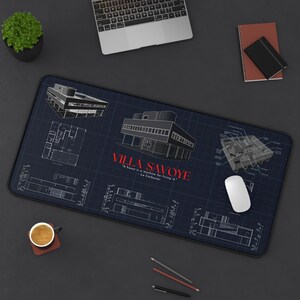May include: A black and white blueprint design of the Villa Savoye, a modern architectural masterpiece. The design features a grid pattern and includes the quote "A house is a machine for living in" - Le Corbusier.