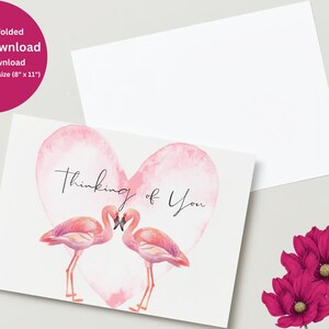 Afdrukbare Thinking of You - Flamingo thema handgemaakte wenskaart, Instant Download, Flamingo's Heart Card, roze, aquarel originele kunst