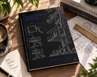 Może przedstawiać: Czarny notatnik w twardej oprawie zatytułowany The Architect's Notebook z białymi rysunkami liniowymi planu architektonicznego domku na drzewie, zawierający rzuty pięter, elewacje i przekroje oraz niebieskie pole tekstowe na imię.
