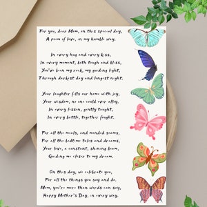 Happy Mothers Day Gedicht Karte, Gedicht für Mama, Blanko Karte, Original, Muttertag Grußkarte, Instant Download, Geschenke, Printable