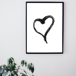 Black and White Heart Print, Minimalist Wall Art, Modern Abstract