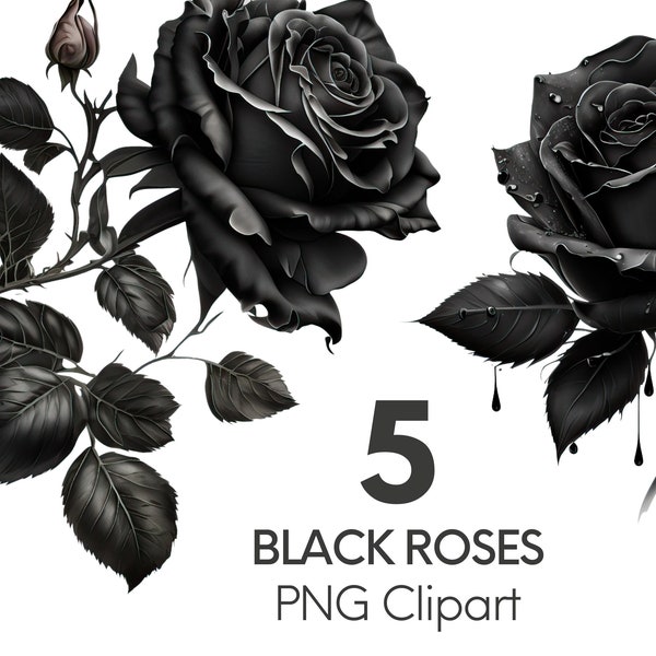 Elegant Black Rose Clipart Set - 5 PNG Digital Flowers for Commercial Use, Wedding Invitations, and Gothic Design - Instant Download, Gold