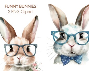 Funny Bunny Clipart PNG, Easter Bunny Clipart, Digital Download, Watercolor Rabbit Clipart, Bunny in Glasses, Bowtie Bow tie, Commercial Use