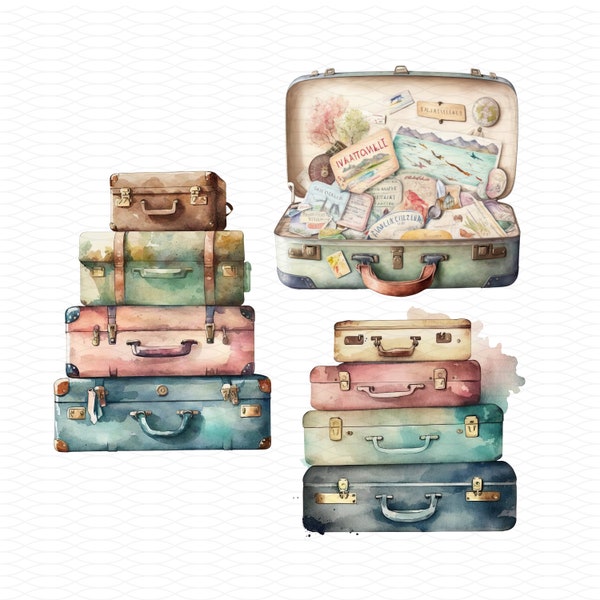 Travel Suitcase Clipart PNG, Set of 3 Clipart Elements, Commercial Use Travel Clipart, Invitations, POD, Card Making, Junk Journal