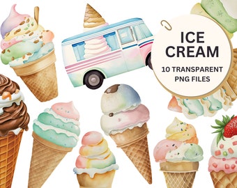 Watercolor Ice Cream Clip Art Bundle, Digital Clip Art, Digital PNG Clipart, Ice Cream Shoppe, Ice Cream Truck, Commercial Use Illustration