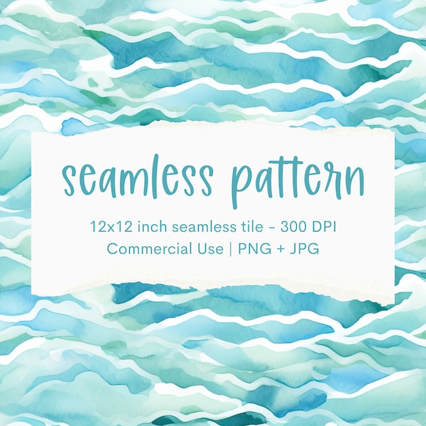 Abstract Waves Seamless Pattern Tile for Commercial Use - Digital Paper, Aqua and Teal Watercolor Ocean Waves, Fabric Pattern, Scrapbook
