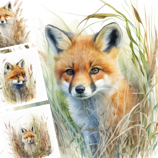 Watercolor Fox Digital Image Bundle, Printable Art Prints, Digital Crafting Bundle, Paper Crafts, Collage, Junk Journal, Commercial Use