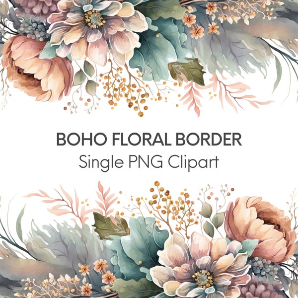 Boho Floral Border Clipart PNG Element, Flower Bouquet PNG, Commercial Use, Digital Download, Sage Green, Teal, Plum, Cream, Wedding Invite