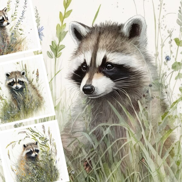 Watercolor Raccoon Digital Image Bundle, Junk Journal, Collage Set, Paper Crafting, Mixed Media, Meadow Raccoons, Digital Art Wildflowers