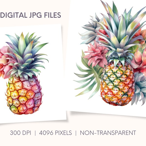 Tropical Pineapples Digital JPG Art Print Bundle for Digital Download and Commercial Use, Floral Rainbow Pineapple Sublimation, Junk Journal