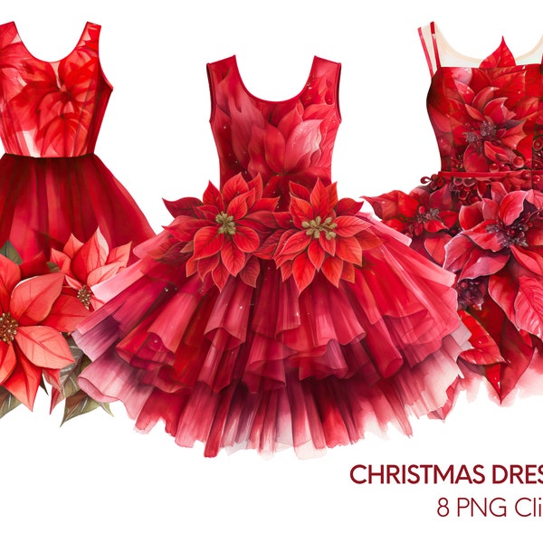 Poinsettia Christmas Flower Dresses - 8 PNG Clipart Bundle, Digital Download, Commercial Use, Red Holiday Floral Dresses, Wedding Clipart