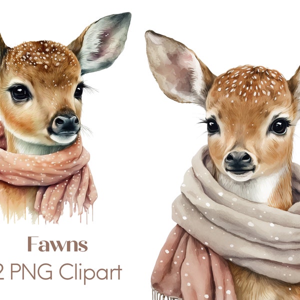 Fawn Clipart PNG, Watercolor Fawn in Pink Scarf, Clip Art PNG Digital Art, Commercial Use, Pastel Boho Baby Deer, Nursery Art, Woodland Art