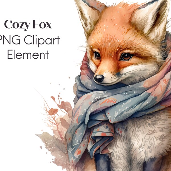 Watercolor Fox Clipart PNG Commercial Use Fox Sublimation, Cute Autumn Fox with Scarf, Winter Fox, Cozy Fox, Digital Clipart Download POD