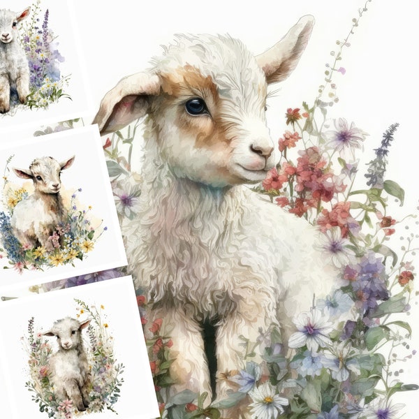 Baby Goats Printable Art Prints, Baby Goat Design Bundle, Baby Goat Clip Art, Spring Baby Goats in Wildflowers, Card Making, Commercial Use