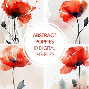 Abstract Red Poppies - Set of 10 JPG Files, Digital Illustrations, Commercial Use, Instant Download, Abstract Floral Digital Paper Textures