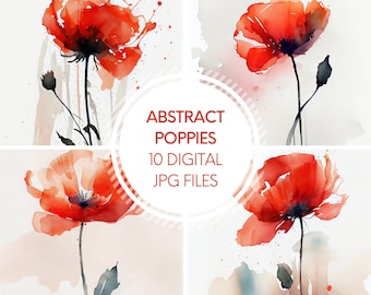 Abstract Red Poppies - Set of 10 JPG Files, Digital Illustrations, Commercial Use, Instant Download, Abstract Floral Digital Paper Textures