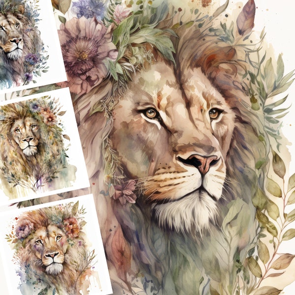 Floral Lion Digital Illustration Bundle, Digital ClipArt, Digital Crafting, Paper Crafting, Collage, Card Making, Scrapbook, Nursery Art