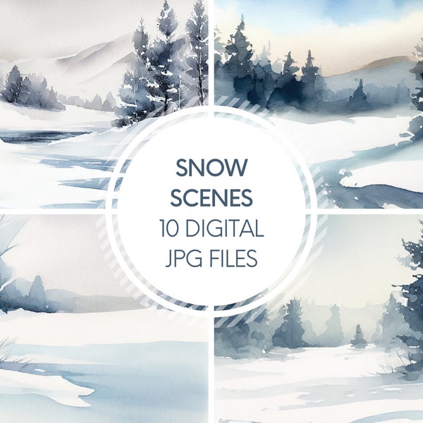 Snow Scene Digital Paper Bundle, Set of 10 JPG Images for Commercial and Personal Use, Winter Landscape Illustration, Wintry Scene Snowy Art