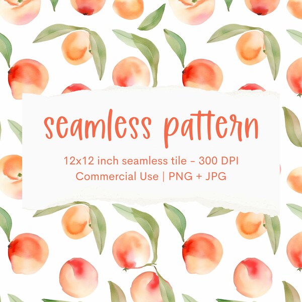 Peach Watercolor Seamless Pattern, Peaches Digital Paper, Commercial Use, Summer Scrapbooking Pattern, Southern Peach Printable Art Clipart