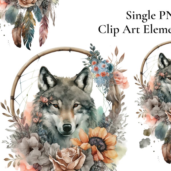 Wolf Floral Dreamcatcher, Boho Dreamcatcher, Single PNG Clip Art Element, Floral Clipart, Commercial Use Sublimation Clipart, Invitation POD