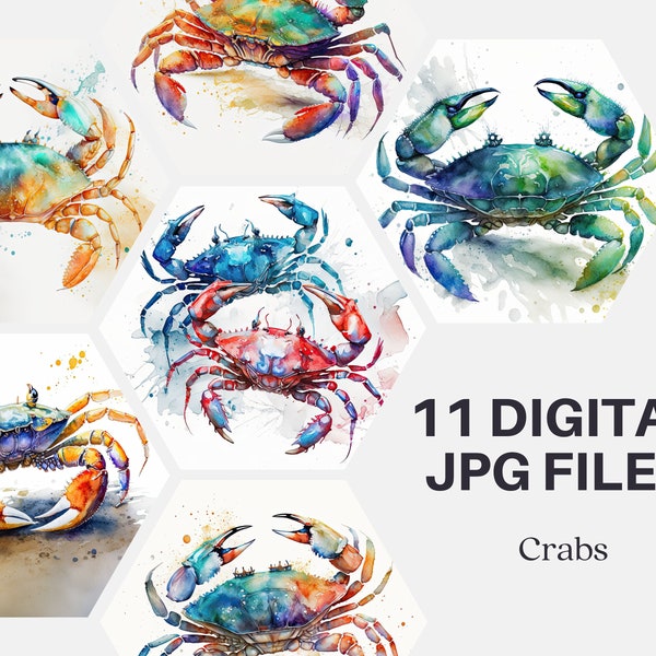 Watercolor Crab Clipart Digital Scrapbooking Paper Crab Prints 11 High Quality JPG Files Crab Digital Paper Crab Collage Resource Wall Art