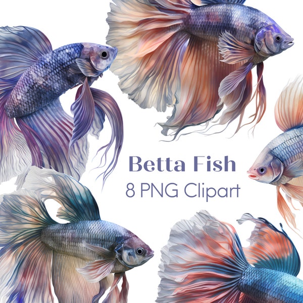 Betta Fish Clipart PNG Digital Download, Commercial Use, Aquarium Fish, POD Allowed, Junk Journal, Set of 8 PNG Elements Digital Art Bundle