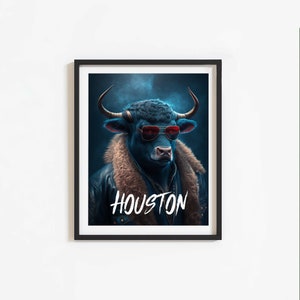 May include: A blue bull wearing red sunglasses and a brown leather jacket with a fur collar. The bull is looking directly at the viewer. The text "HOUSTON" is written in white on the jacket.