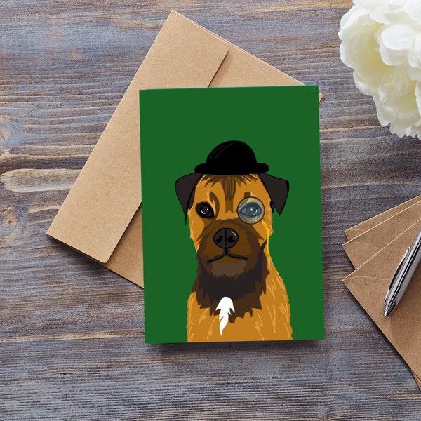Border Terrier with monocle and bowler hat cartoon greetings card. Blank inside. 7" x 5". Unique design.