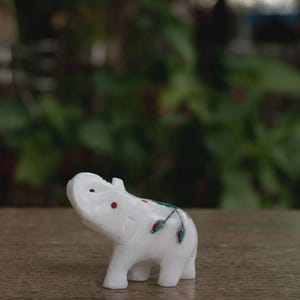 Handmade Marble Inlay Elephant Figurine | White Stone Elephant Statue | Gemstone Inlay Elephant Decor | Ethnic Indian Gift, Size: 3&quot;x1&quot;x2.5&quot;