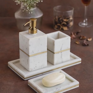 White Marble Bathroom Set – Soap Dispenser, Toothbrush Holder, Soap Dish & Tray – Luxury Stone Bathroom Accessories