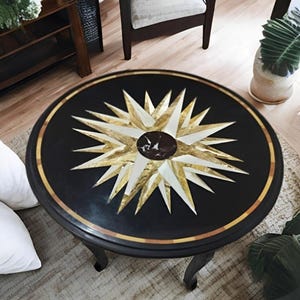 Marble Inlay Table Top, Handcrafted Round Coffee Table with Floral Pietra Dura | Compass Star Marble Inlay Table, Black Stone Coffee Table