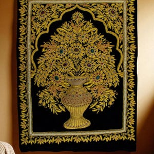 24&quot;x48&quot; Zardozi Embroidered Wall Hanging – Velvet Wall Tapestry, Handmade Zardozi Art, Black Gold Wall Art, Floral Embroidery Art
