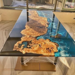 Ocean Epoxy Resin Table Top | Live Edge River Table | Custom Blue Water Resin Wood Dining Table | Coastal Interior Furniture Art