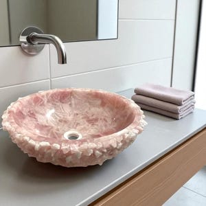 Handmade Rose Quartz Stone Sink – Natural Crystal Bathroom Vessel Basin | Luxury Pink Quartz Vanity Sink | Gemstone Wash Basin | Quartz Sink