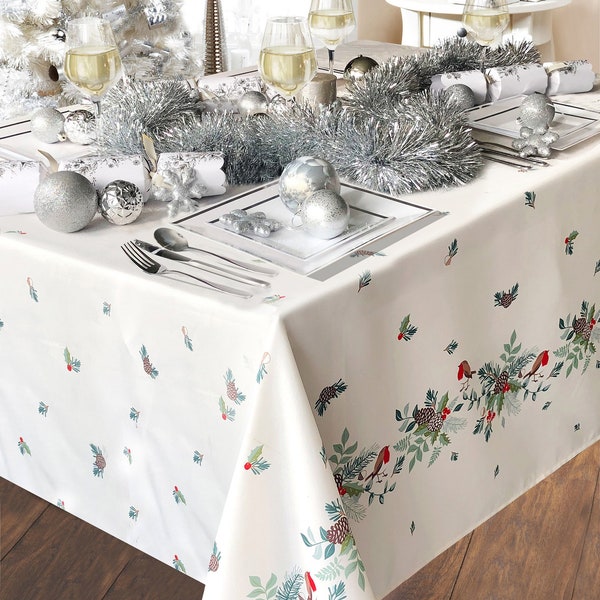 Robin Festive Border Christmas Table Cloth Ivory. Available in Three Sizes.