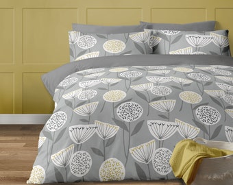 Retro Style Grey and Ochre Floral Print Duvet Set. Matching Pillowcases. Pure Lux Design