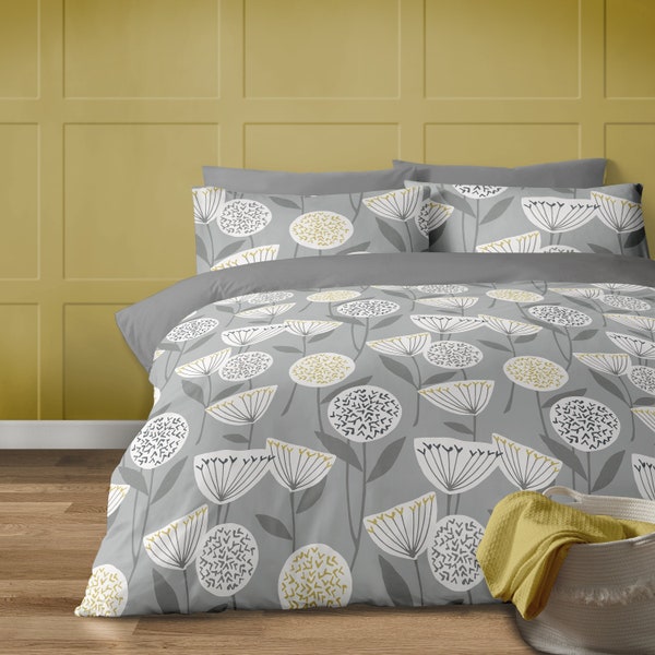Retro Style Grey and Ochre Floral Print Duvet Set. Matching Pillowcases. Pure Lux Design