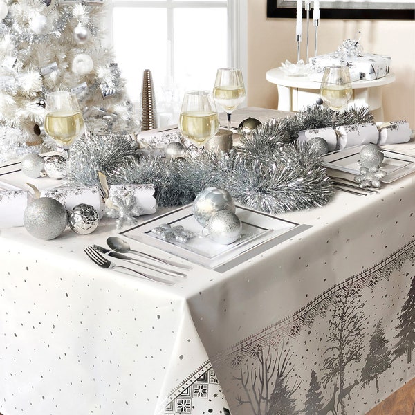 Forest Scene White and Silver Christmas Table Cloth. 3 Sizes Available