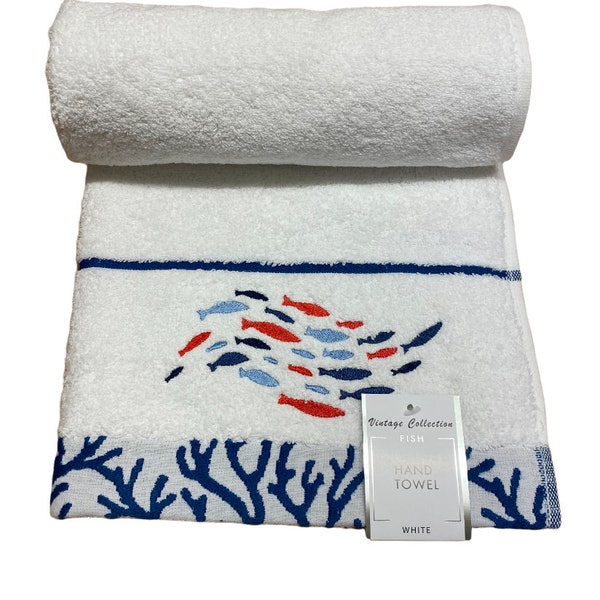 Fish Embroidered 100% Cotton Sea Themed Towel With Coral Border. Available in Hand Towel and Bath Towel.