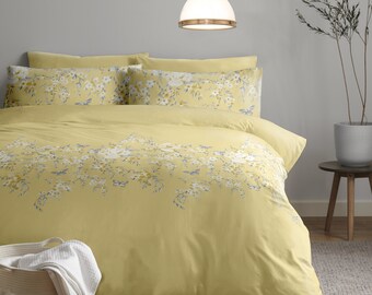 Ochre and Grey Blossom Trail Duvet Cover Set. Bright and Fresh Floral Style Duvet Cover Set. All Standard UK Sizes Available.