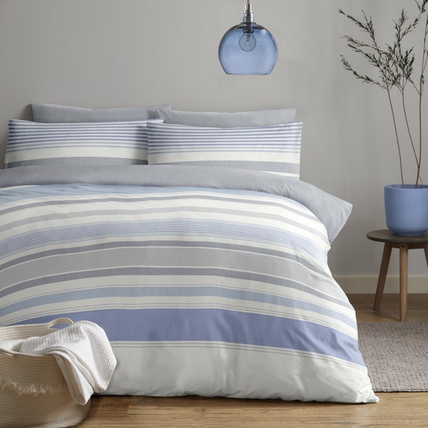 Blue, Grey and White Stripe Polycotton Easycare Duvet Cover Set. Pure Lux Design. Available in All Standard UK Bed Sizes.