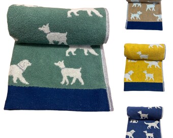 Dog Design 100% Cotton Towels With Wide Border. Hand and Bath Towels. Green, Blue, Natural and Ochre Available.