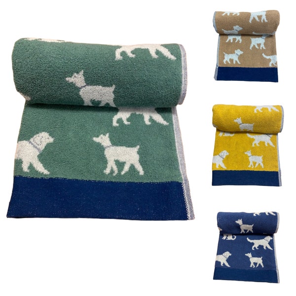 Dog Design 100% Cotton Towels With Wide Border. Hand and Bath Towels. Green, Blue, Natural and Ochre Available.