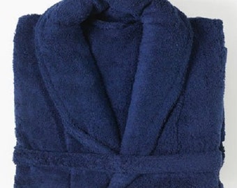 Navy Pure Turkish Cotton Terry Shawl Collar Bath Robe. One Size. Heavyweight Dressing Gown