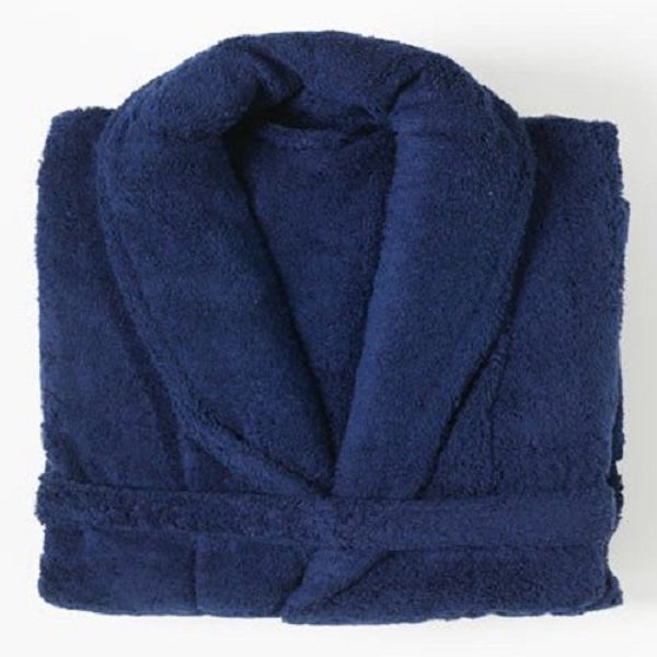 Navy Pure Turkish Cotton Terry Shawl Collar Bath Robe. One Size. Heavyweight Dressing Gown